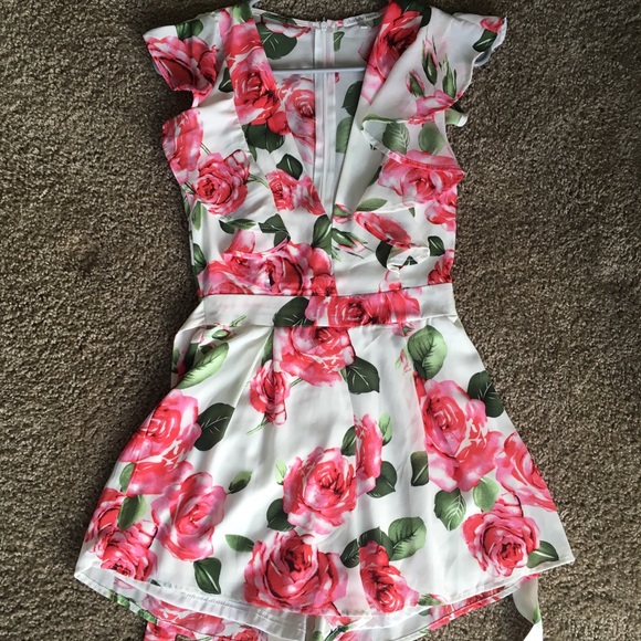 Pink White Floral Romper V Neck & Ruffle XS - Picture 2 of 6